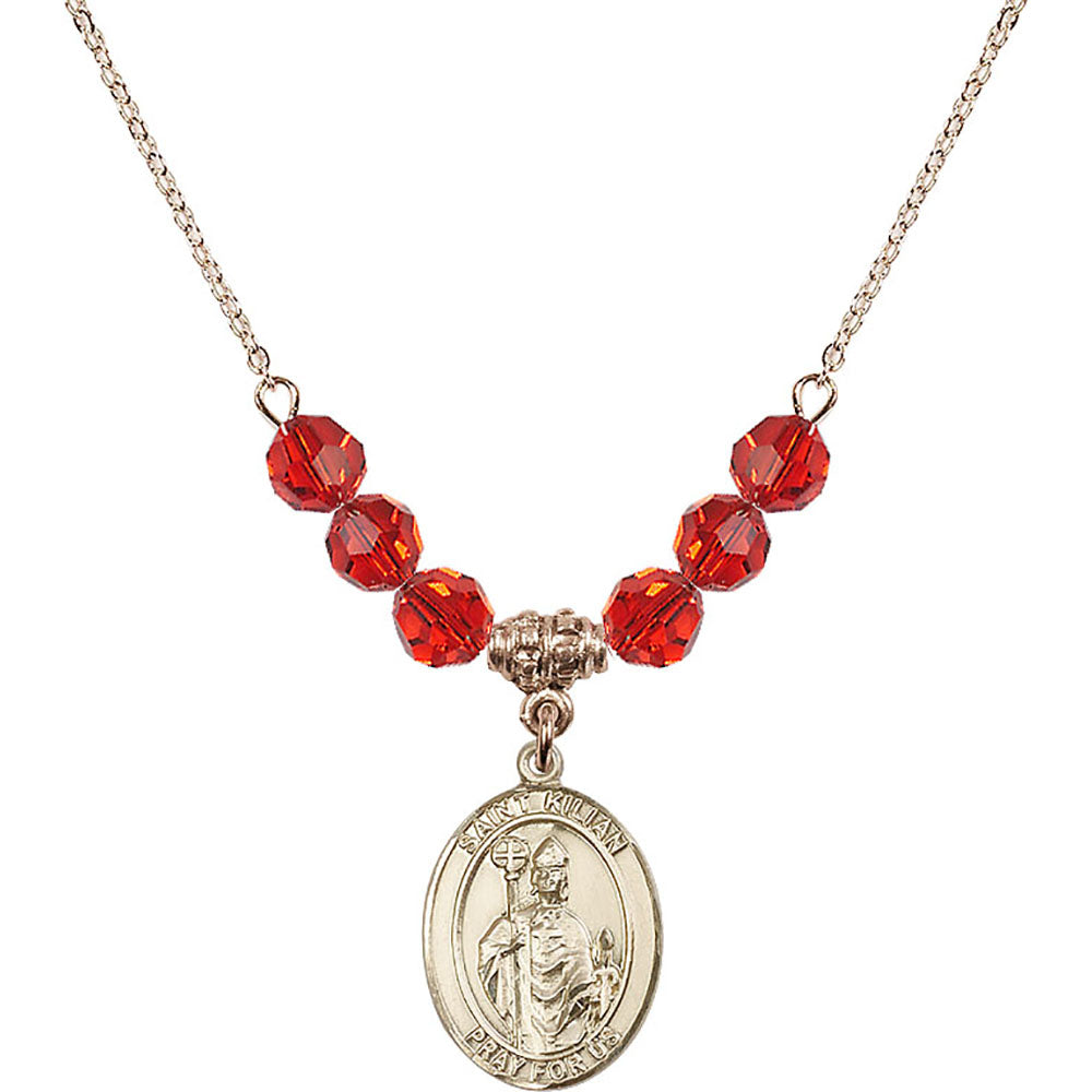 14kt Gold Filled Saint Kilian Birthstone Necklace with Ruby Beads - 8067