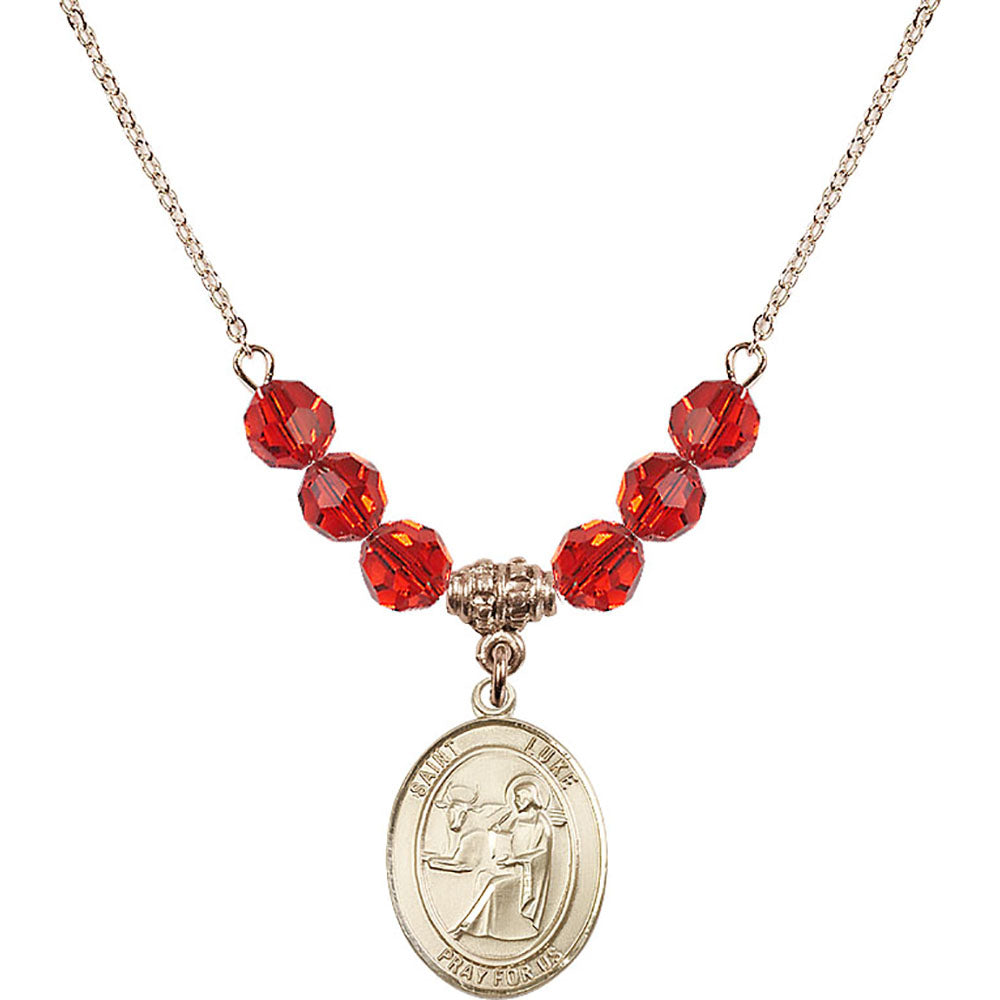 14kt Gold Filled Saint Luke the Apostle Birthstone Necklace with Ruby Beads - 8068