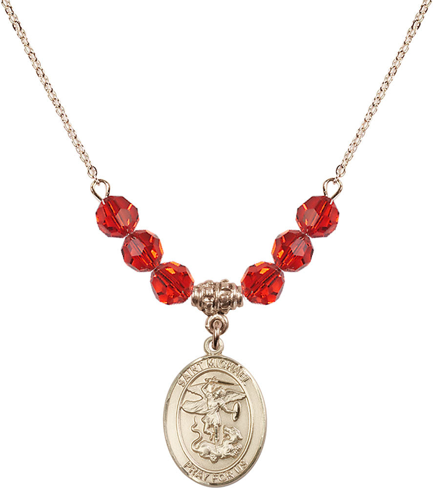 14kt Gold Filled Saint Michael the Archangel Birthstone Necklace with Ruby Beads - 8076