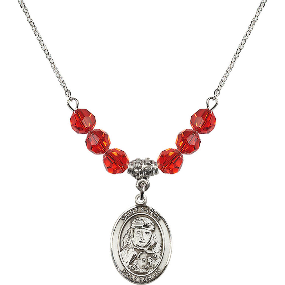 Sterling Silver Saint Sarah Birthstone Necklace with Ruby Beads - 8097