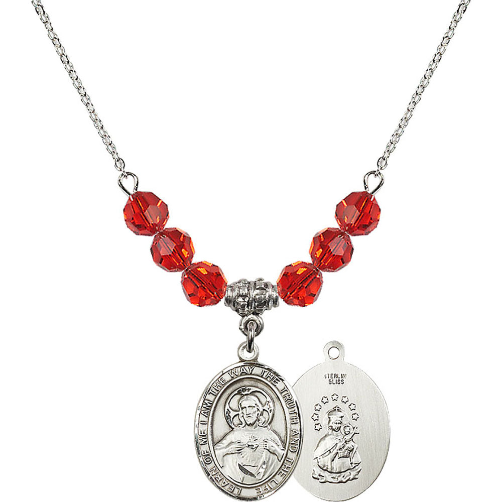 Sterling Silver Scapular Birthstone Necklace with Ruby Beads - 8098
