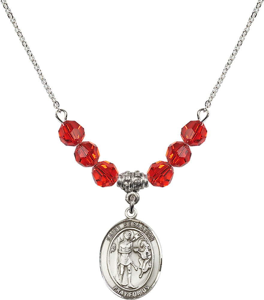Sterling Silver Saint Sebastian Birthstone Necklace with Ruby Beads - 8100