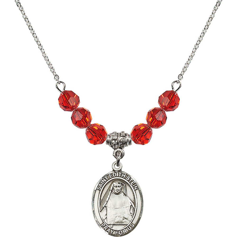 Sterling Silver Saint Edith Stein Birthstone Necklace with Ruby Beads - 8103