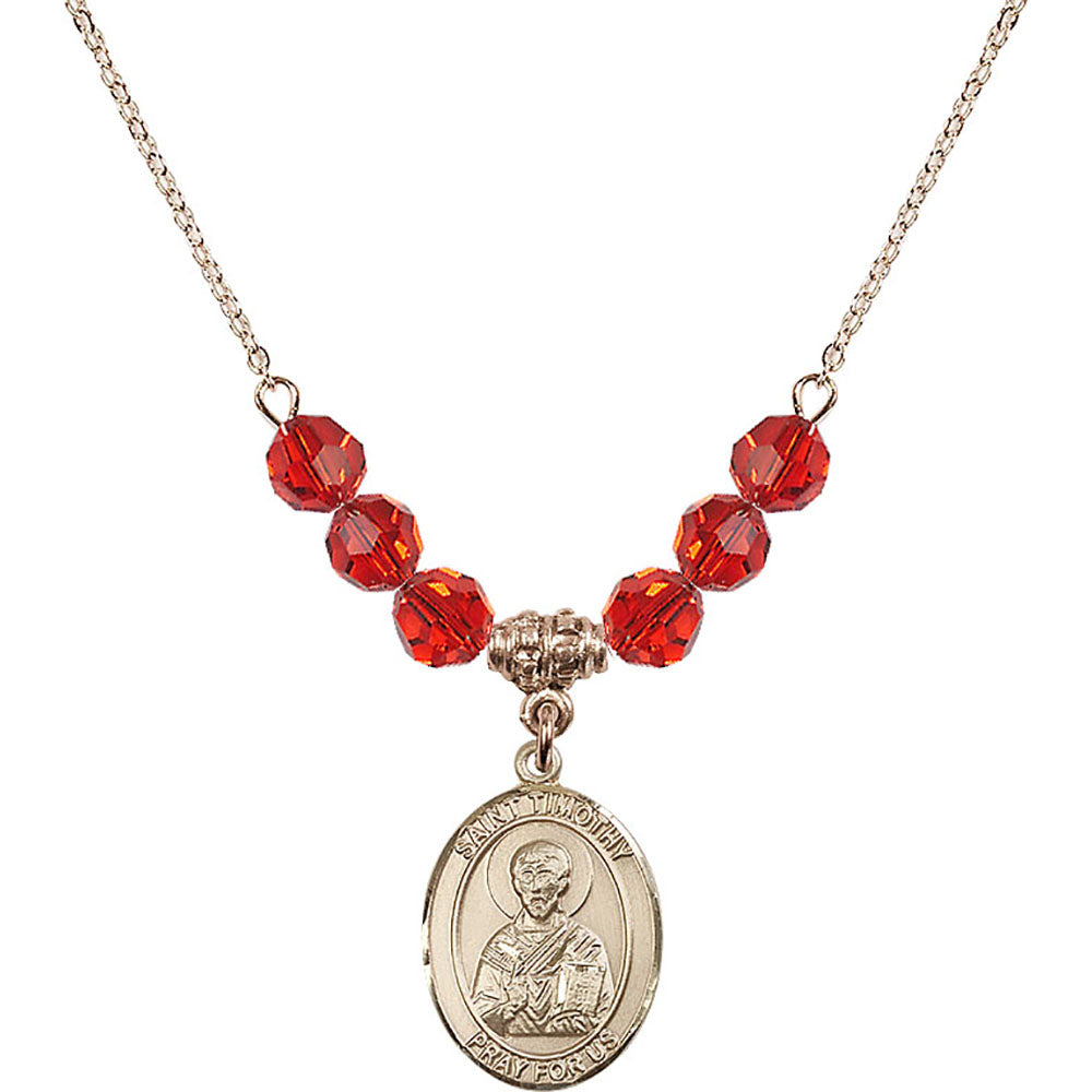 14kt Gold Filled Saint Timothy Birthstone Necklace with Ruby Beads - 8105
