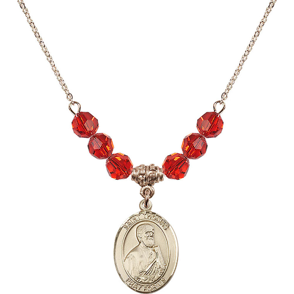 14kt Gold Filled Saint Thomas the Apostle Birthstone Necklace with Ruby Beads - 8107