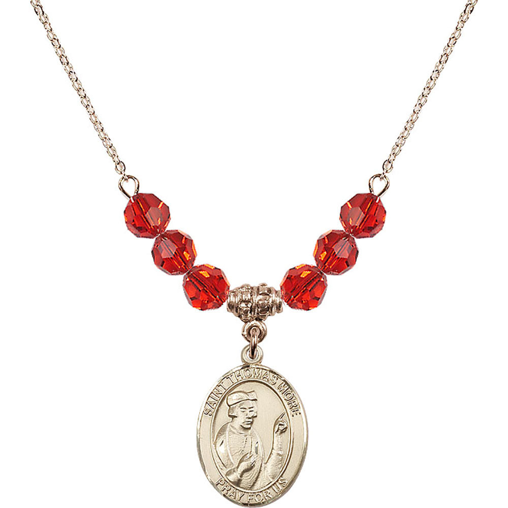 14kt Gold Filled Saint Thomas More Birthstone Necklace with Ruby Beads - 8109
