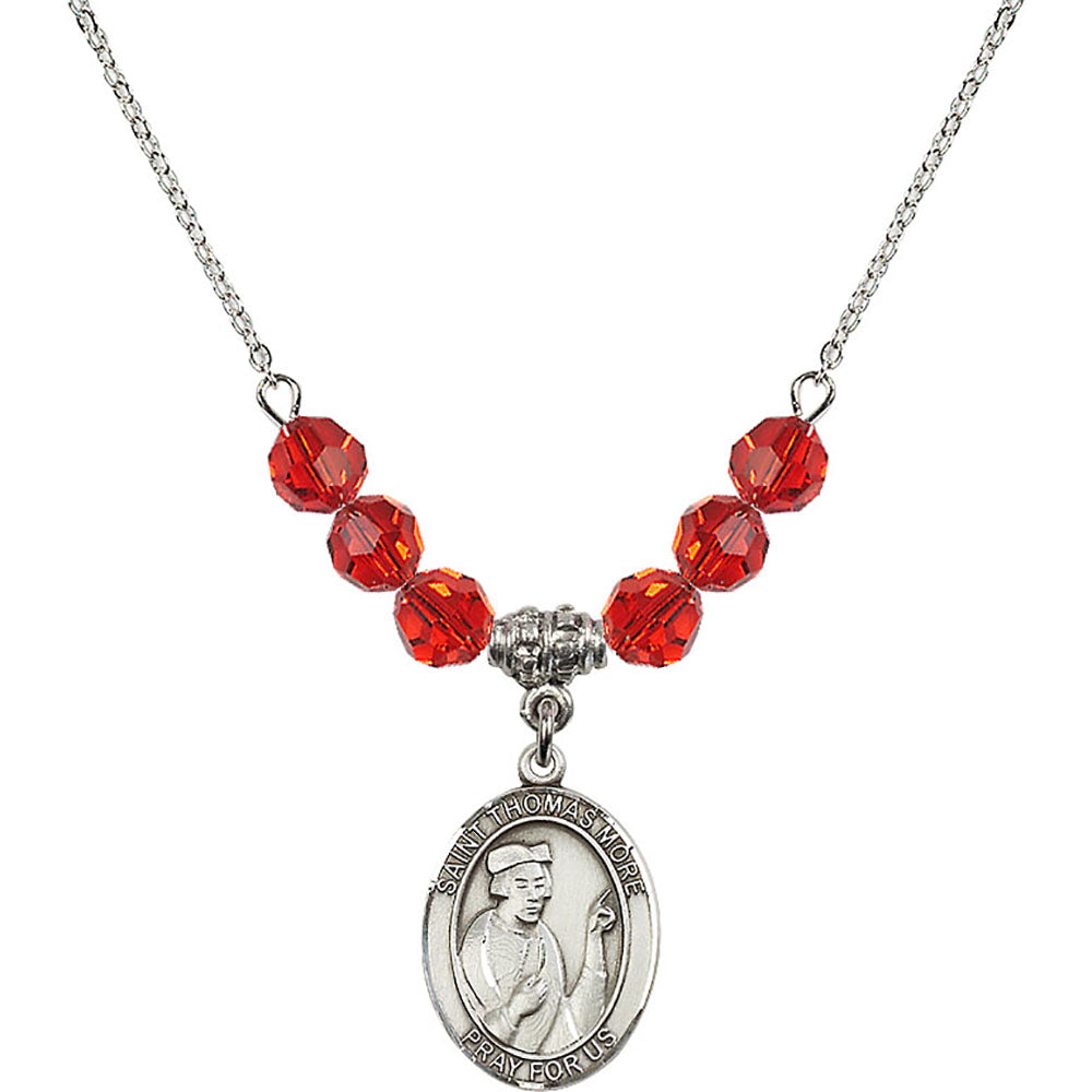 Sterling Silver Saint Thomas More Birthstone Necklace with Ruby Beads - 8109