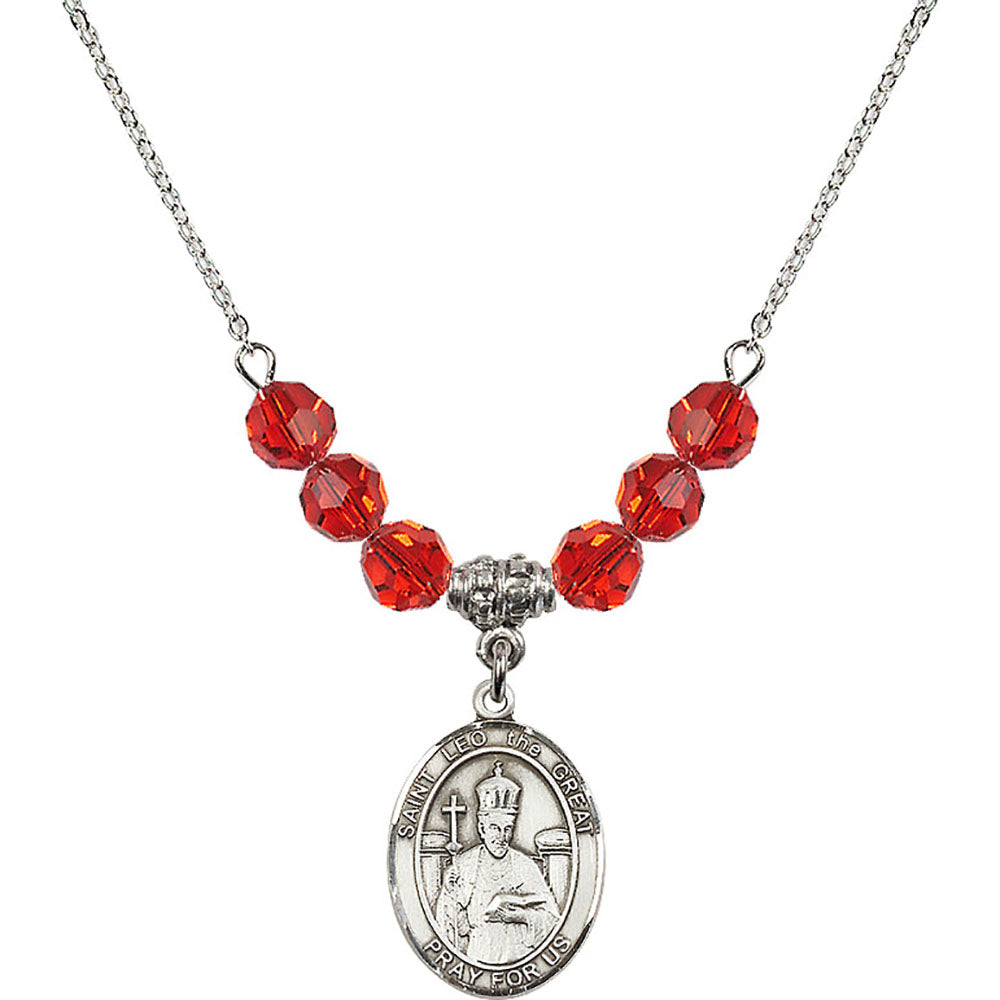 Sterling Silver Saint Leo the Great Birthstone Necklace with Ruby Beads - 8120