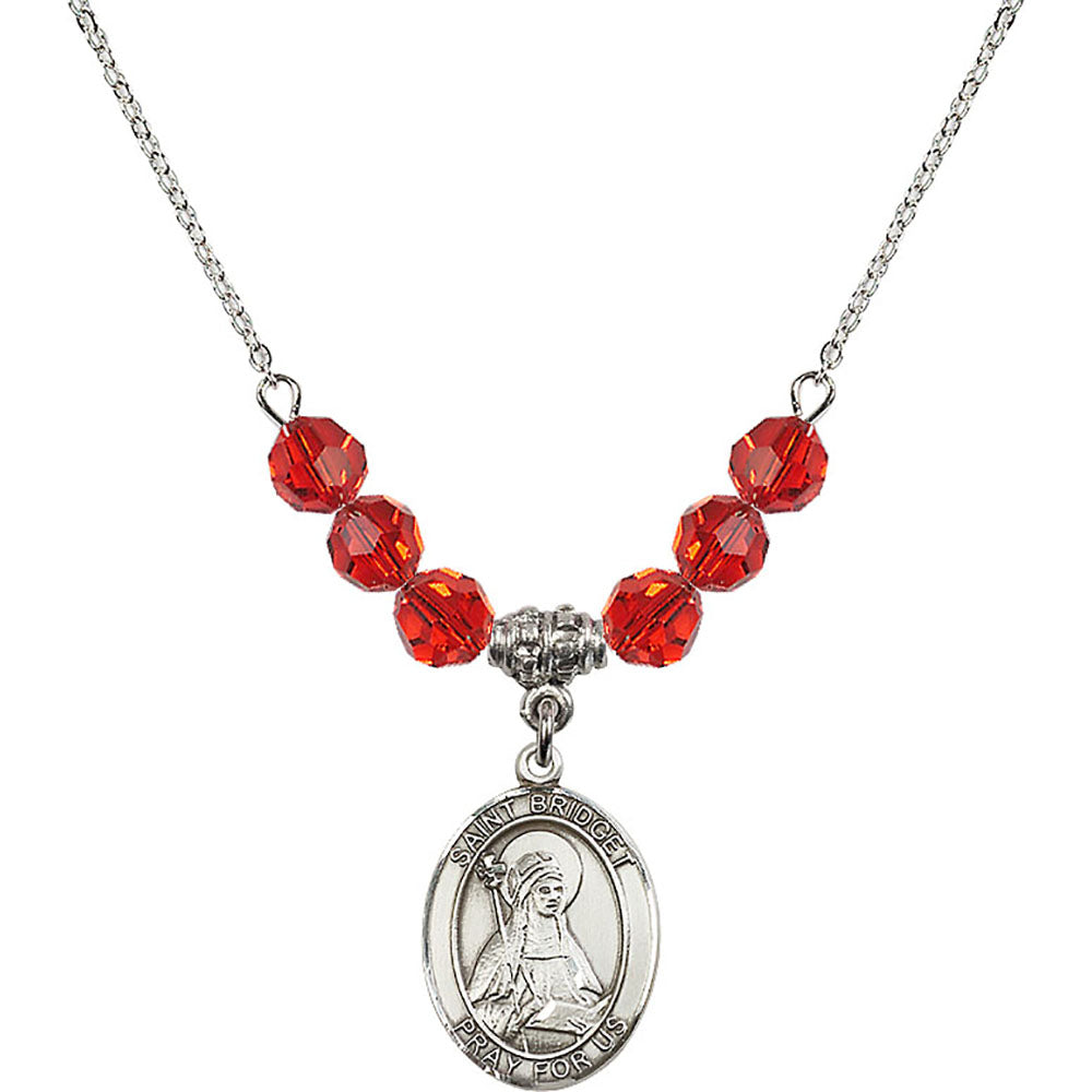 Sterling Silver Saint Bridget of Sweden Birthstone Necklace with Ruby Beads - 8122