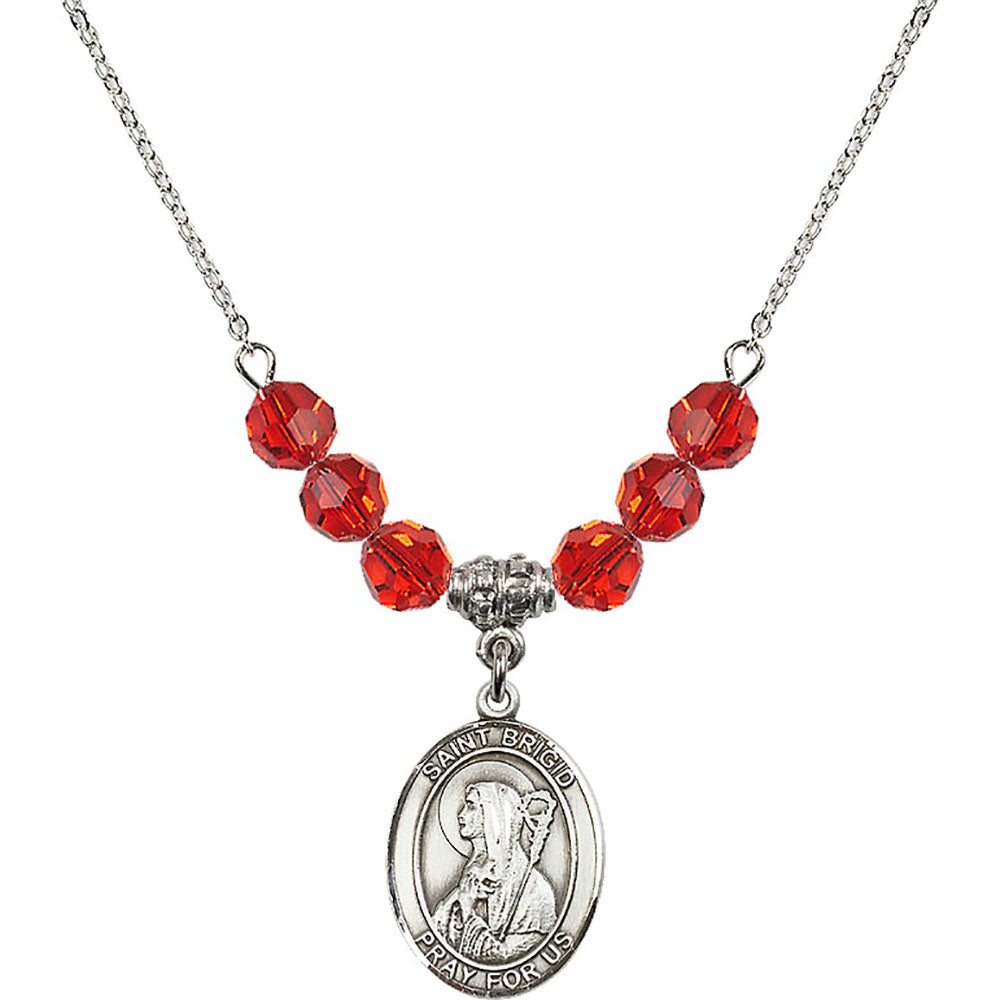 Sterling Silver Saint Brigid of Ireland Birthstone Necklace with Ruby Beads - 8123