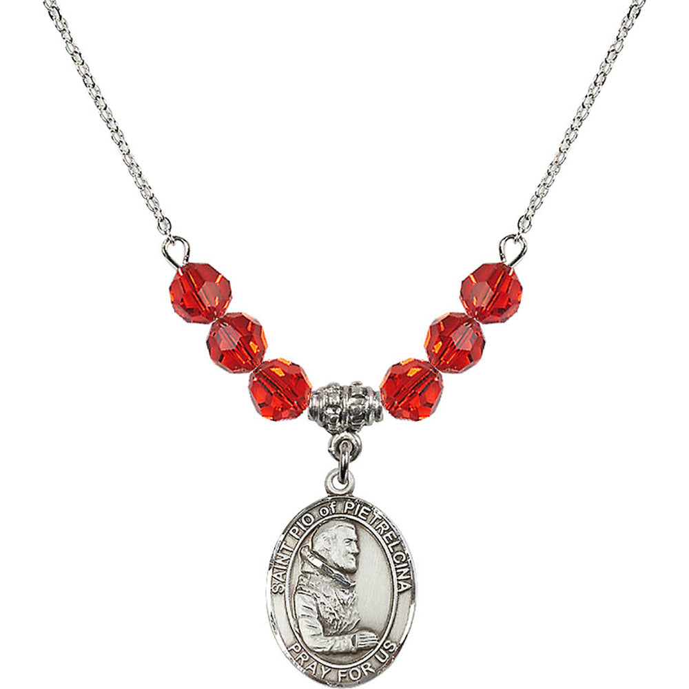 Sterling Silver Saint Pio of Pietrelcina Birthstone Necklace with Ruby Beads - 8125