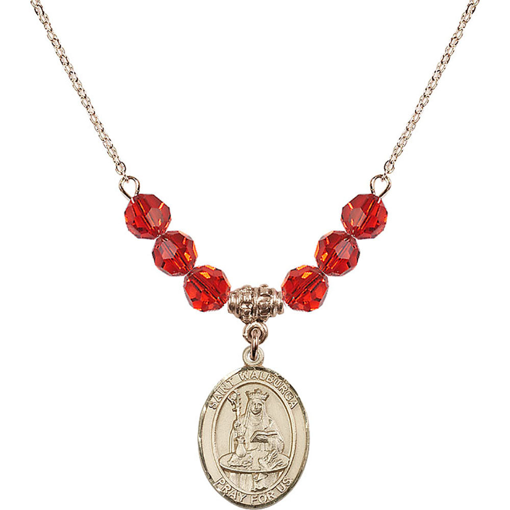 14kt Gold Filled Saint Walburga Birthstone Necklace with Ruby Beads - 8126