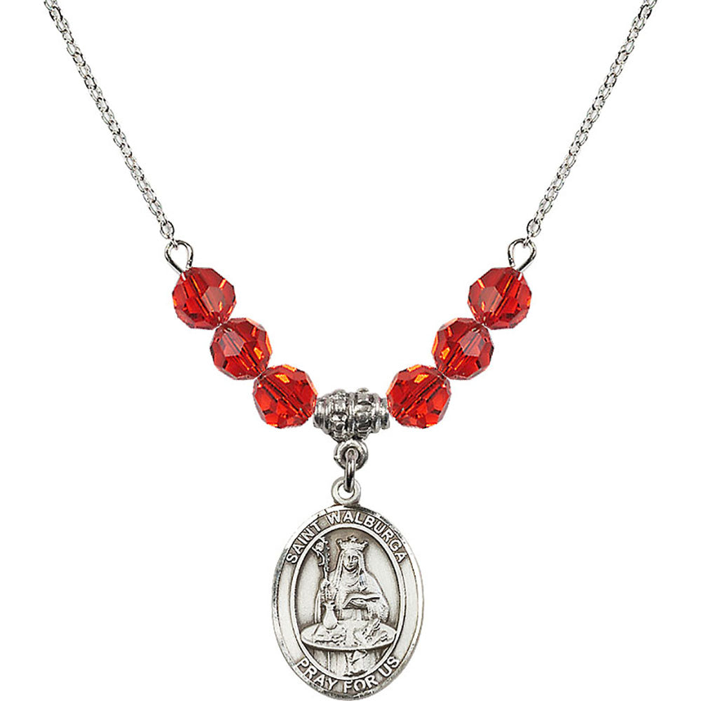 Sterling Silver Saint Walburga Birthstone Necklace with Ruby Beads - 8126