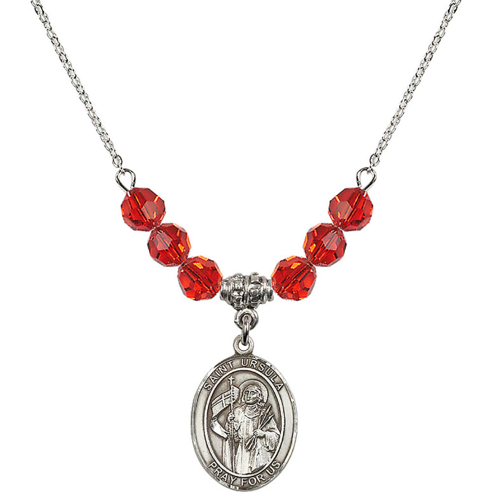 Sterling Silver Saint Ursula Birthstone Necklace with Ruby Beads - 8127