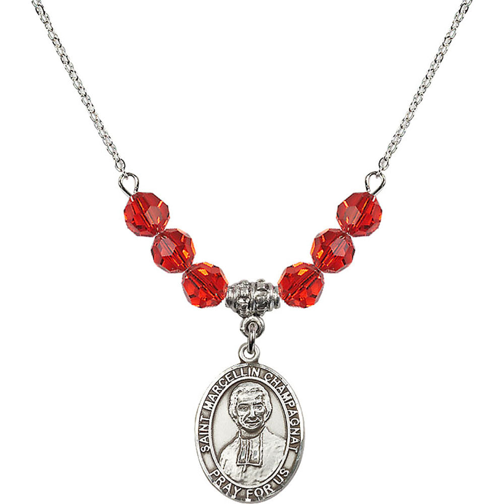 Sterling Silver Saint Marcellin Champagnat Birthstone Necklace with Ruby Beads - 8131