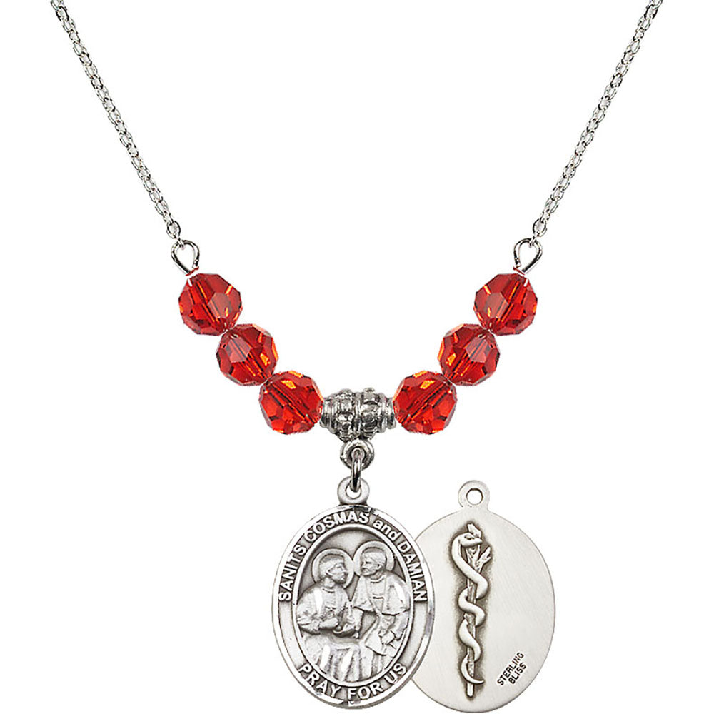 Sterling Silver Saints Cosmas & Damian / Doctors Birthstone Necklace with Ruby Beads - 8132
