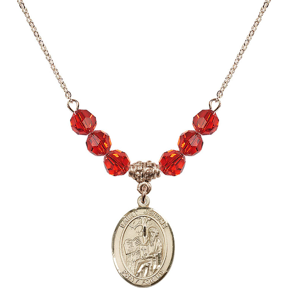 14kt Gold Filled Saint Jerome Birthstone Necklace with Ruby Beads - 8135