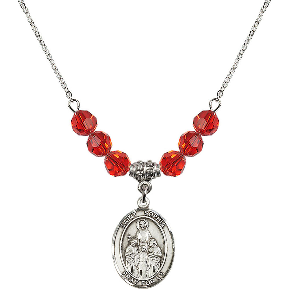 Sterling Silver Saint Sophia Birthstone Necklace with Ruby Beads - 8136