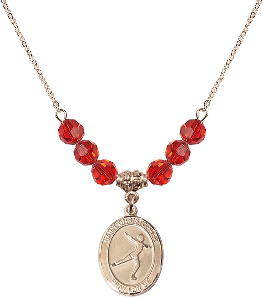 14kt Gold Filled Saint Christopher/Figure Skating Birthstone Necklace with Ruby Beads - 8139