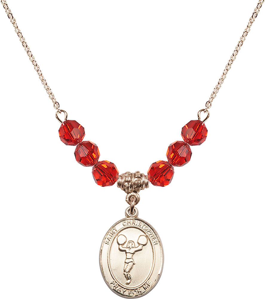 14kt Gold Filled Saint Christopher/Cheerleading Birthstone Necklace with Ruby Beads - 8140