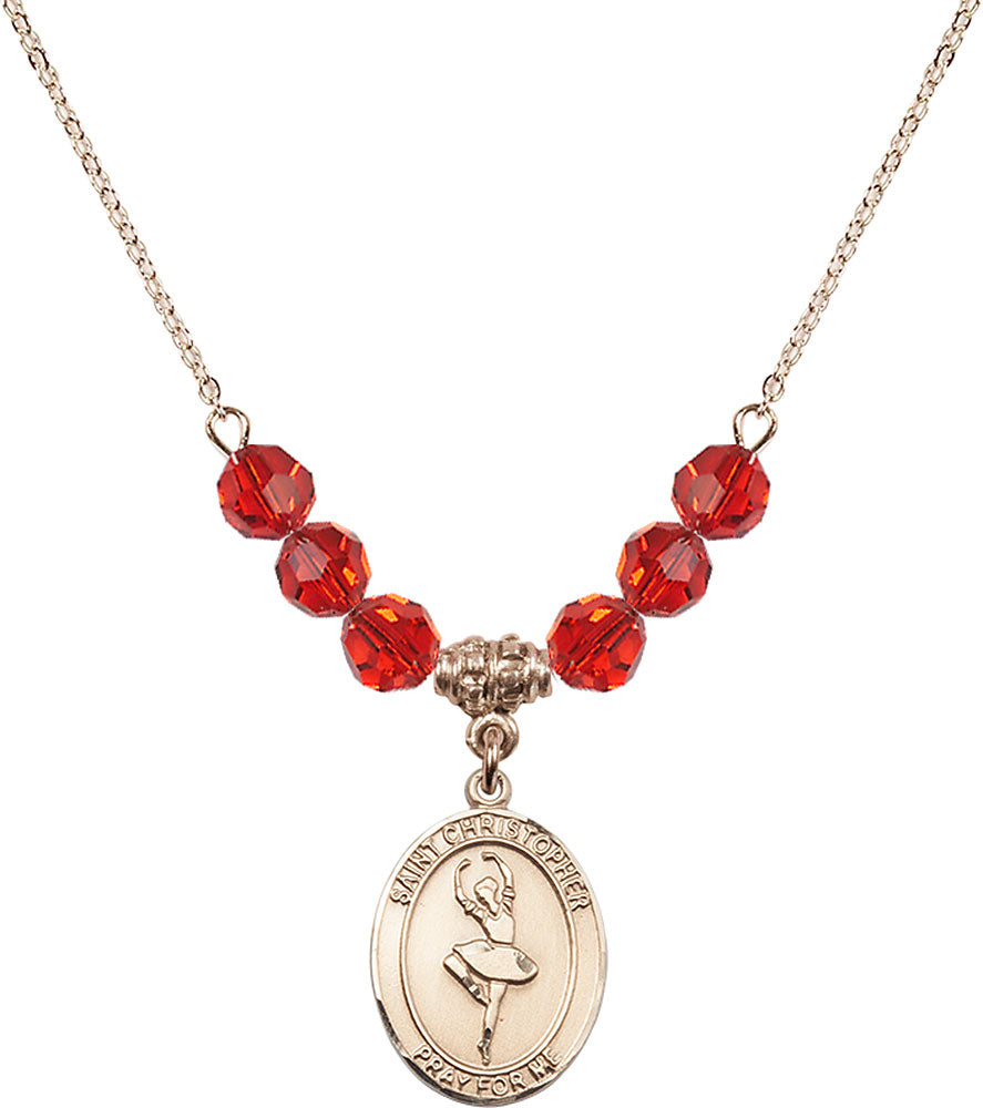 14kt Gold Filled Saint Christopher/Dance Birthstone Necklace with Ruby Beads - 8143