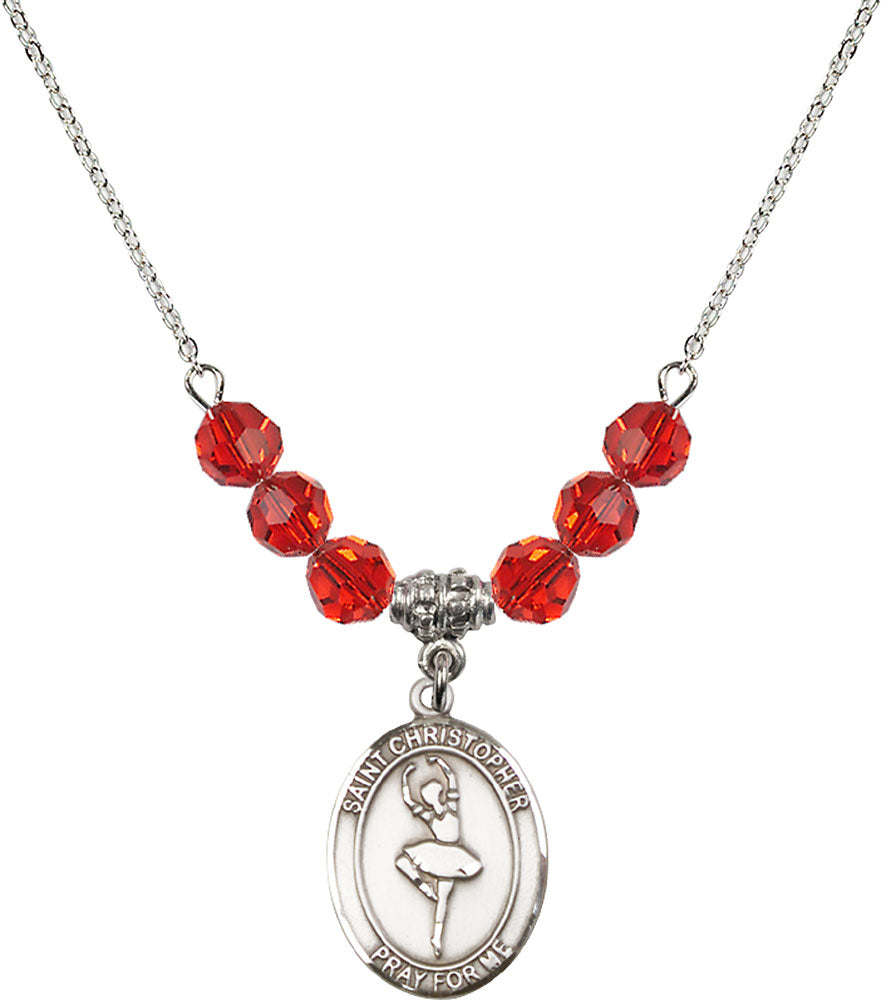 Sterling Silver Saint Christopher/Dance Birthstone Necklace with Ruby Beads - 8143