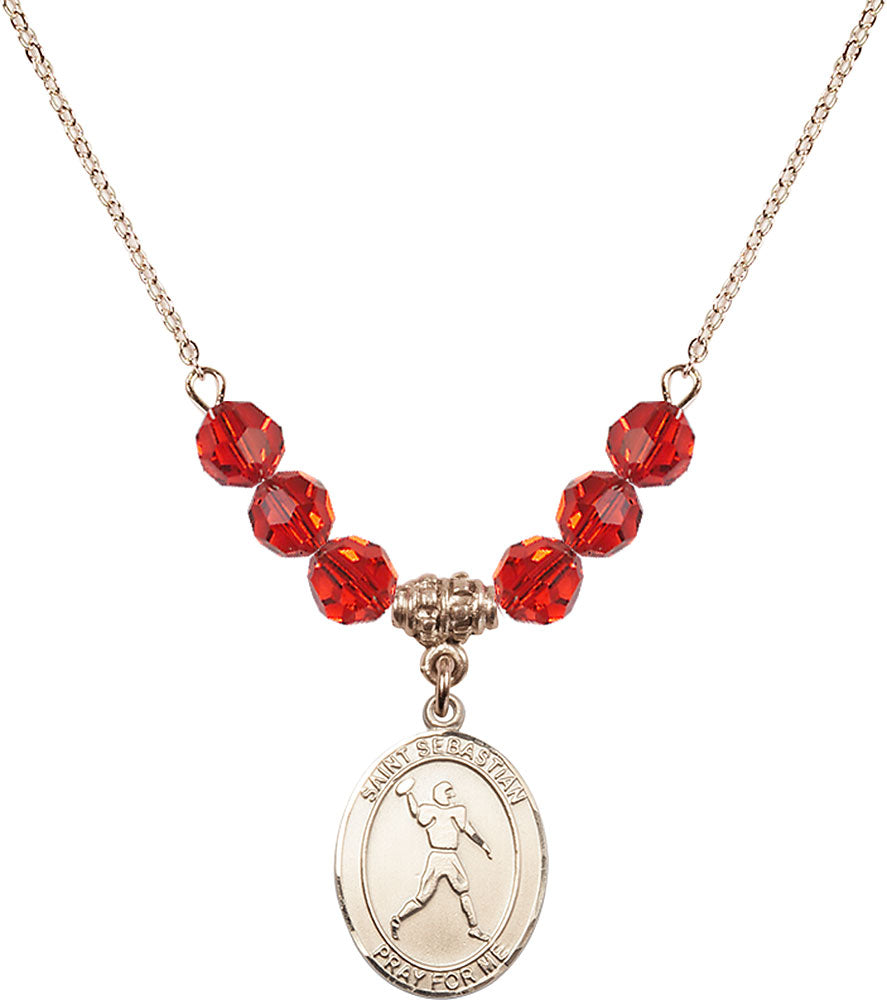 14kt Gold Filled Saint Sebastian/Football Birthstone Necklace with Ruby Beads - 8161