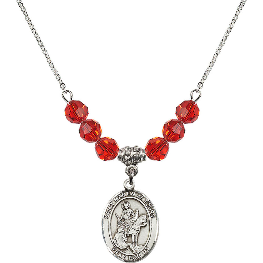 Sterling Silver Saint Martin of Tours Birthstone Necklace with Ruby Beads - 8200