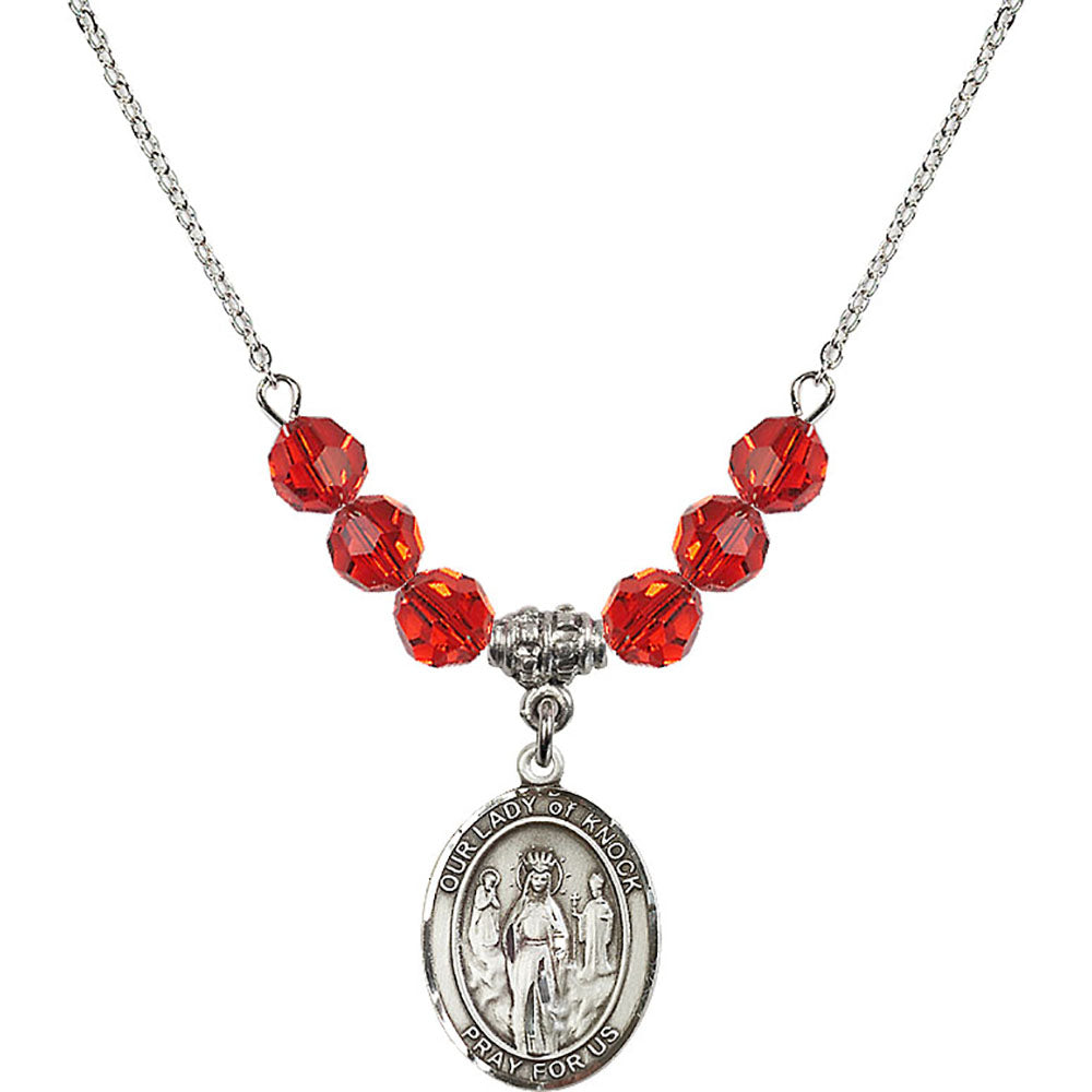 Sterling Silver Our Lady of Knock Birthstone Necklace with Ruby Beads - 8246