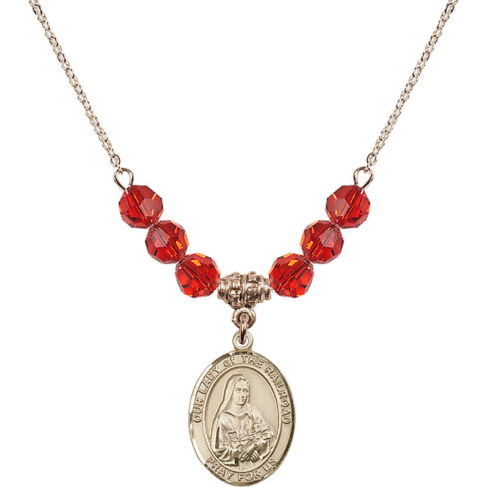 14kt Gold Filled Our Lady of the Railroad Birthstone Necklace with Ruby Beads - 8247