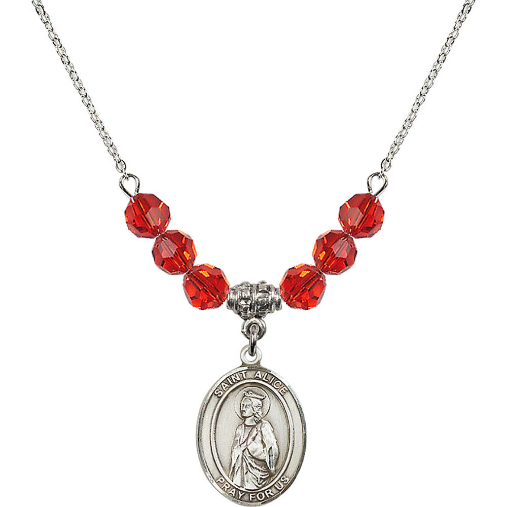 Sterling Silver Saint Alice Birthstone Necklace with Ruby Beads - 8248