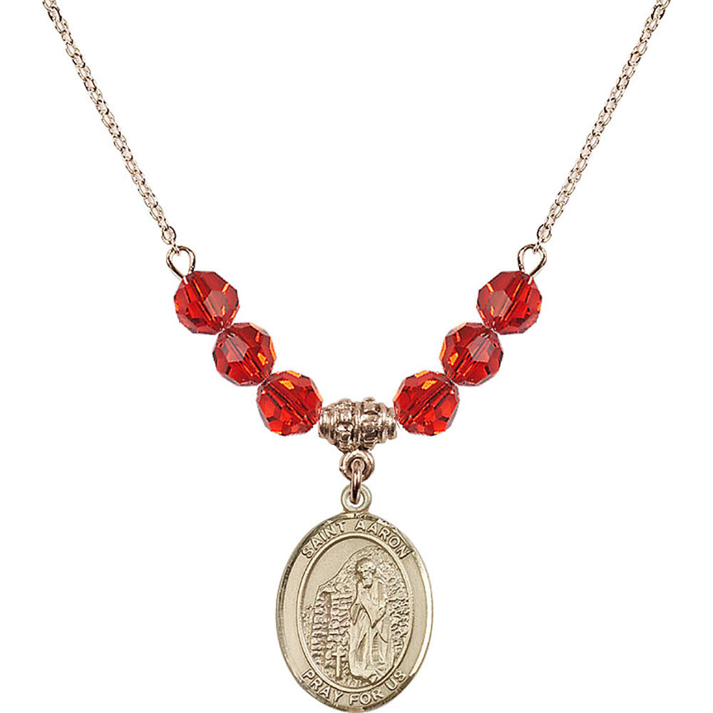 14kt Gold Filled Saint Aaron Birthstone Necklace with Ruby Beads - 8254
