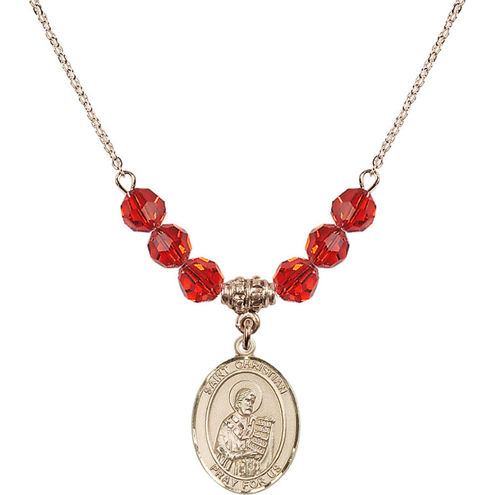 14kt Gold Filled Saint Christian Demosthenes Birthstone Necklace with Ruby Beads - 8257