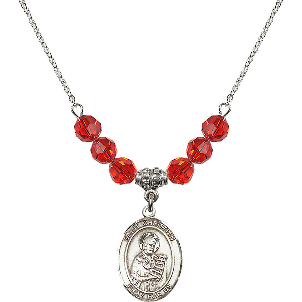 Sterling Silver Saint Christian Demosthenes Birthstone Necklace with Ruby Beads - 8257