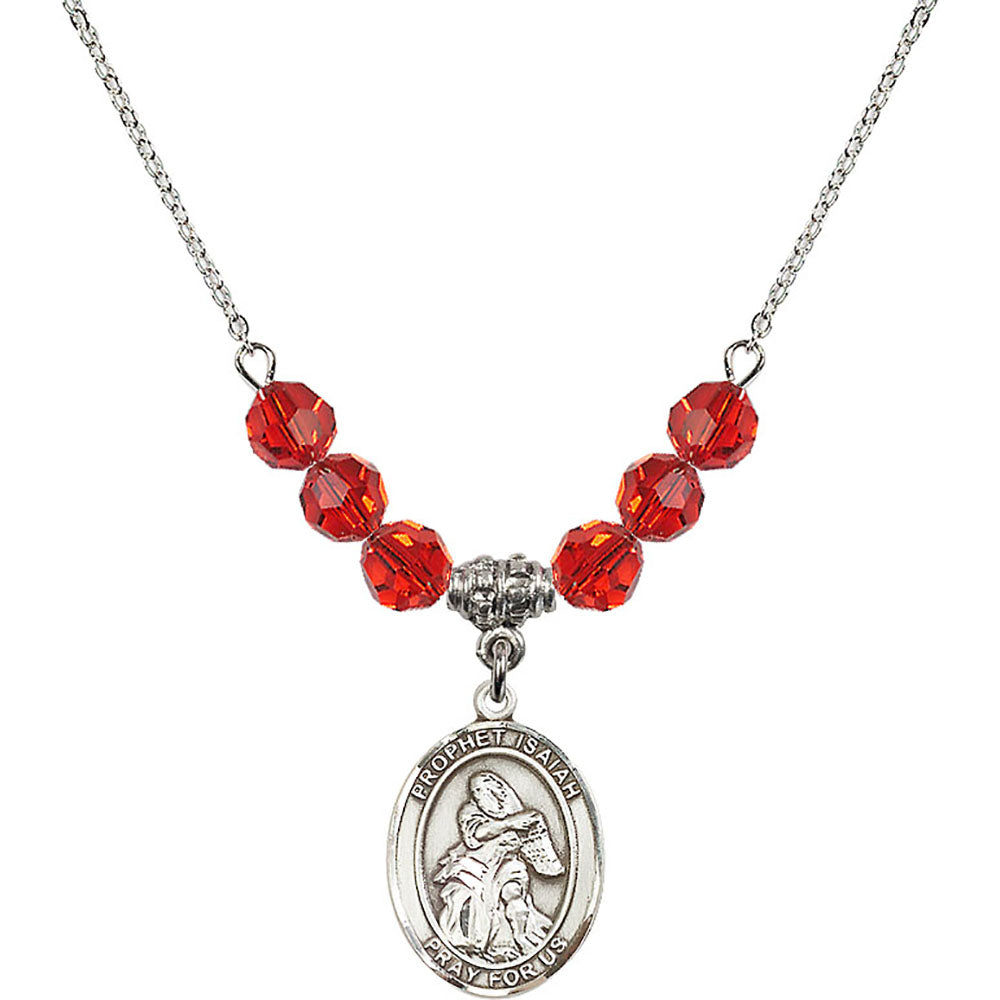 Sterling Silver Saint Isaiah Birthstone Necklace with Ruby Beads - 8258