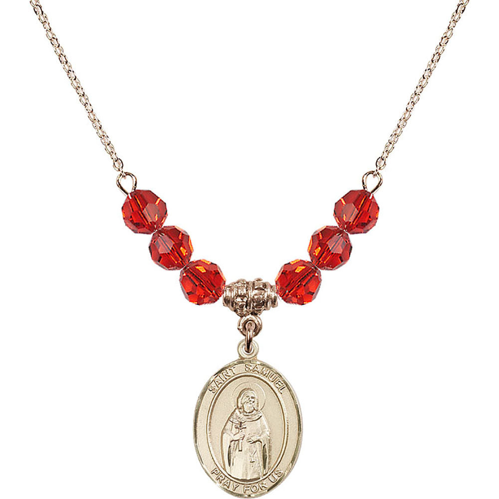 14kt Gold Filled Saint Samuel Birthstone Necklace with Ruby Beads - 8259
