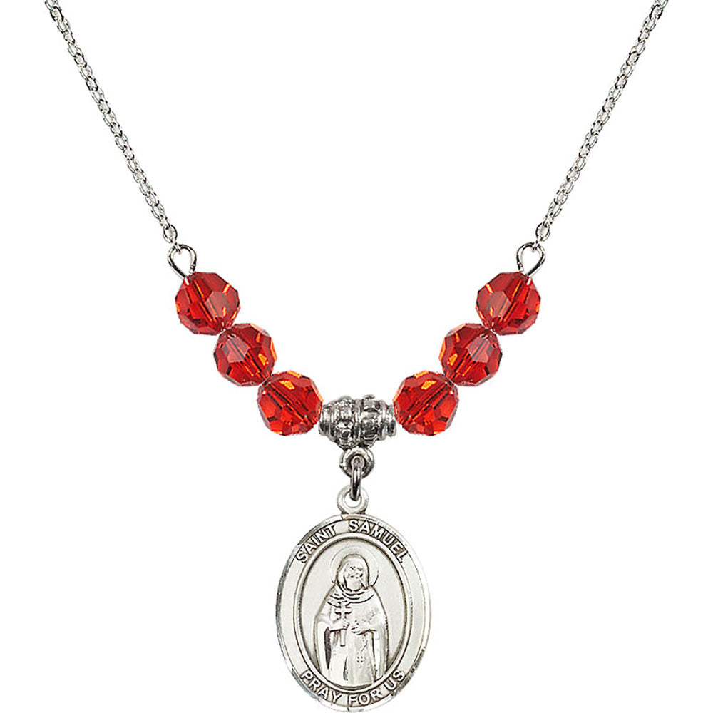 Sterling Silver Saint Samuel Birthstone Necklace with Ruby Beads - 8259