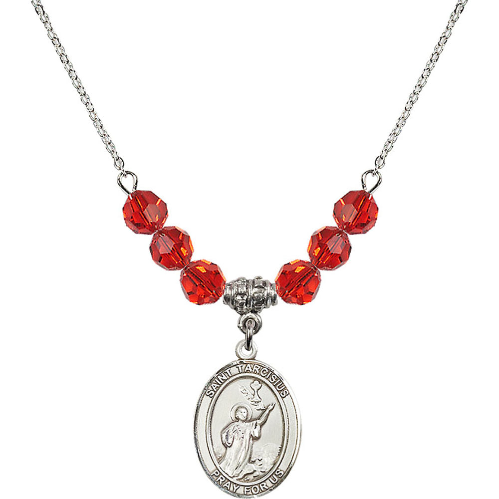 Sterling Silver Saint Tarcisius Birthstone Necklace with Ruby Beads - 8261