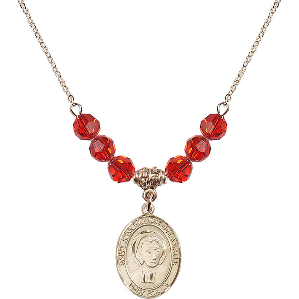 14kt Gold Filled Saint John Baptist de la Salle Birthstone Necklace with Ruby Beads - 8262