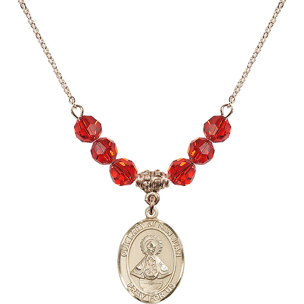 14kt Gold Filled Our Lady of San Juan Birthstone Necklace with Ruby Beads - 8263