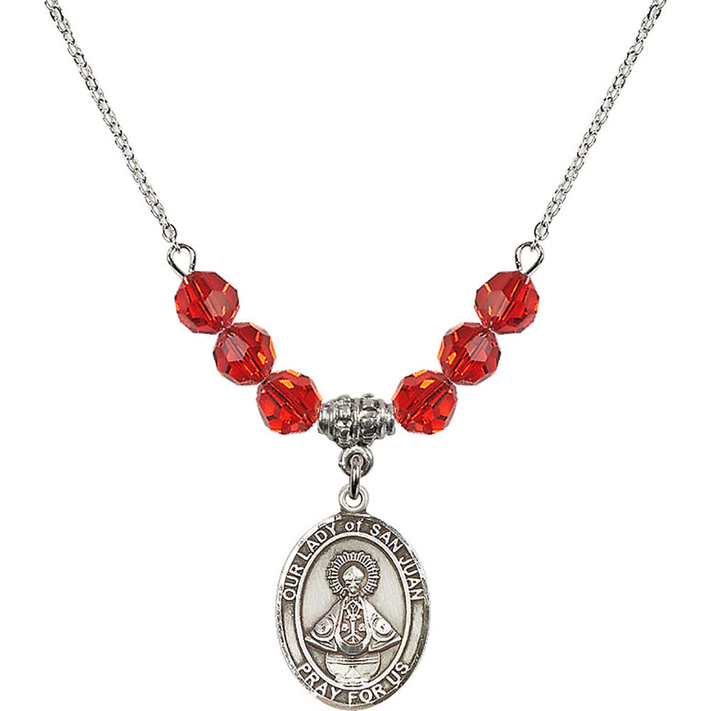 Sterling Silver Our Lady of San Juan Birthstone Necklace with Ruby Beads - 8263