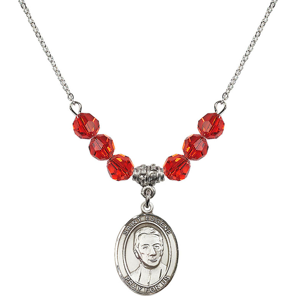 Sterling Silver Saint Eugene de Mazenod Birthstone Necklace with Ruby Beads - 8266