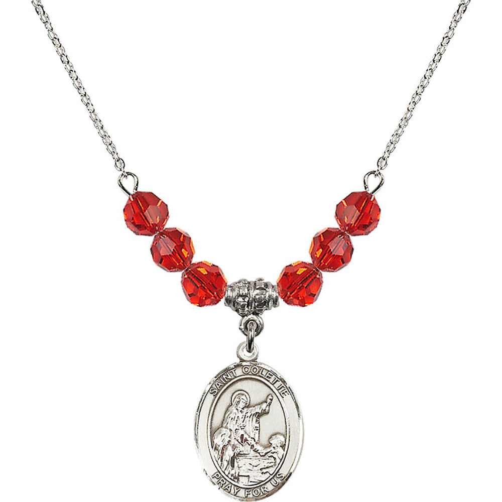 Sterling Silver Saint Colette Birthstone Necklace with Ruby Beads - 8268