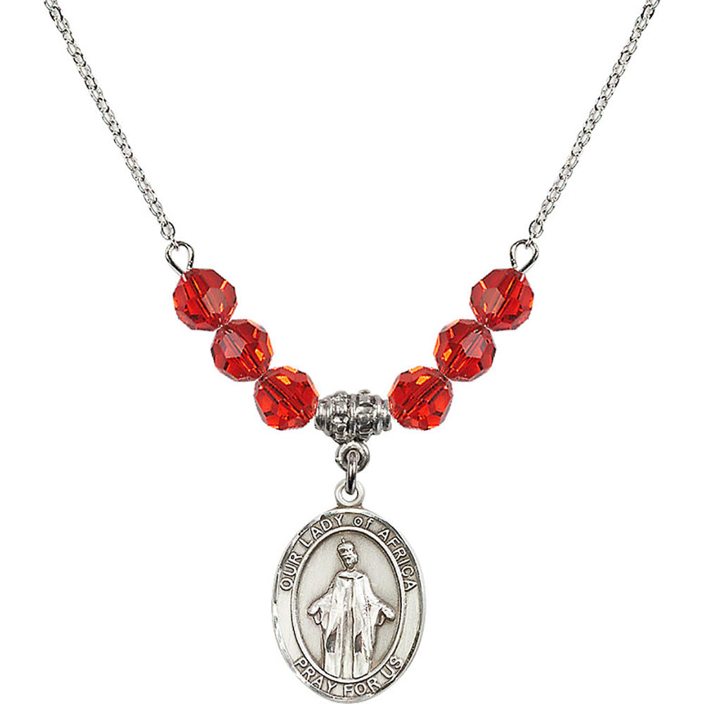 Sterling Silver Our Lady of Africa Birthstone Necklace with Ruby Beads - 8269