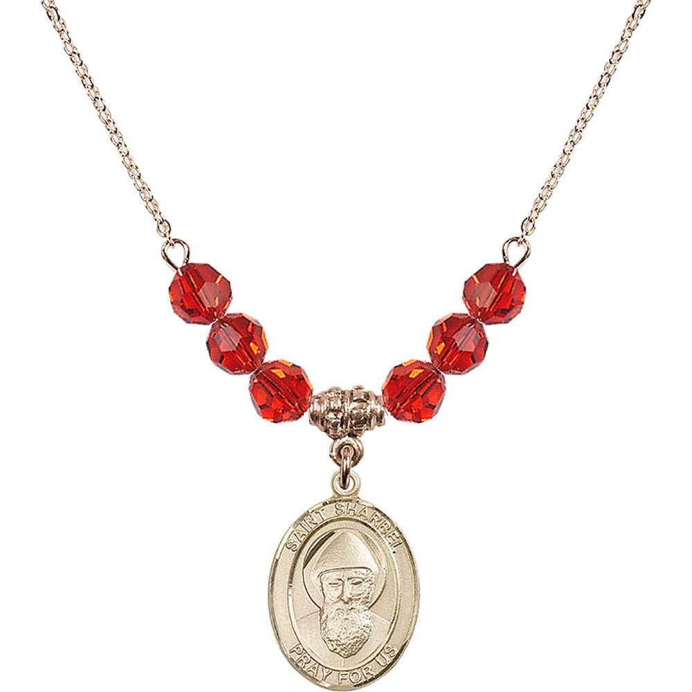 14kt Gold Filled Saint Sharbel Birthstone Necklace with Ruby Beads - 8271