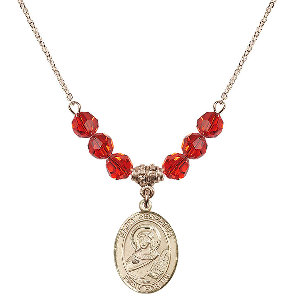 14kt Gold Filled Saint Perpetua Birthstone Necklace with Ruby Beads - 8272