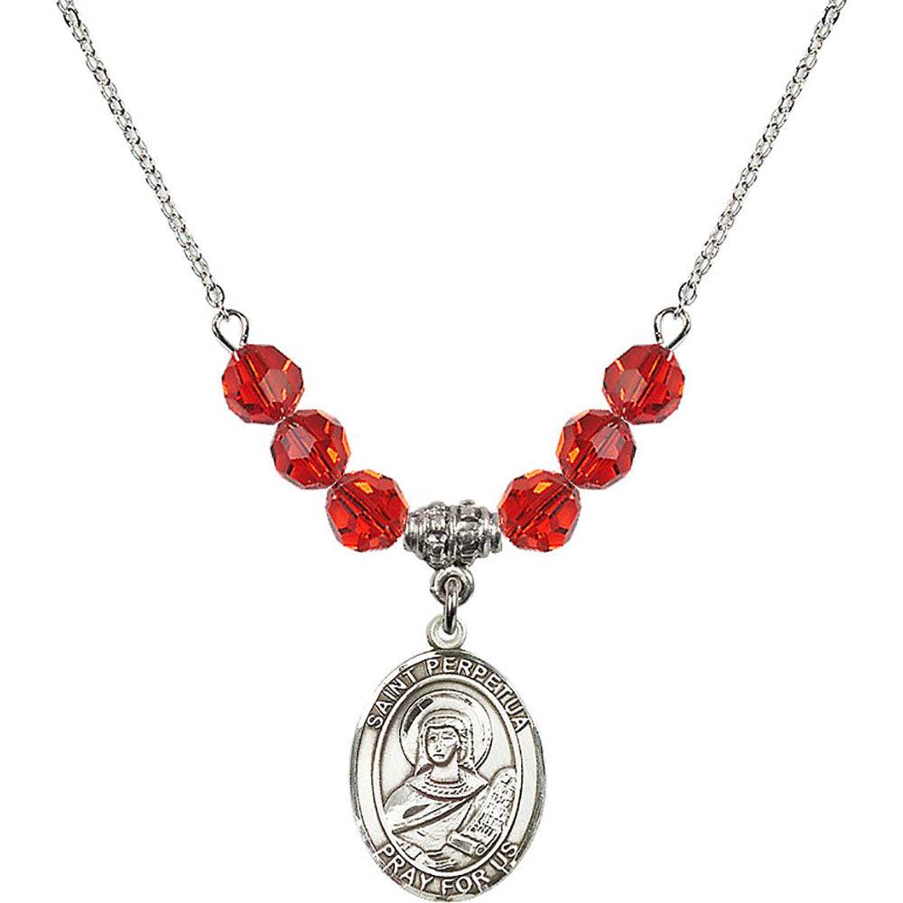 Sterling Silver Saint Perpetua Birthstone Necklace with Ruby Beads - 8272
