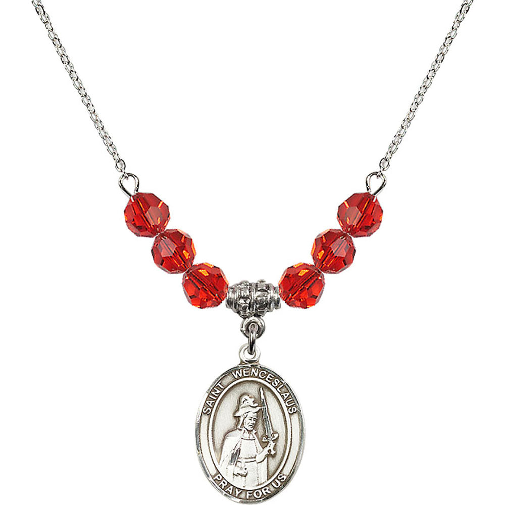 Sterling Silver Saint Wenceslaus Birthstone Necklace with Ruby Beads - 8273