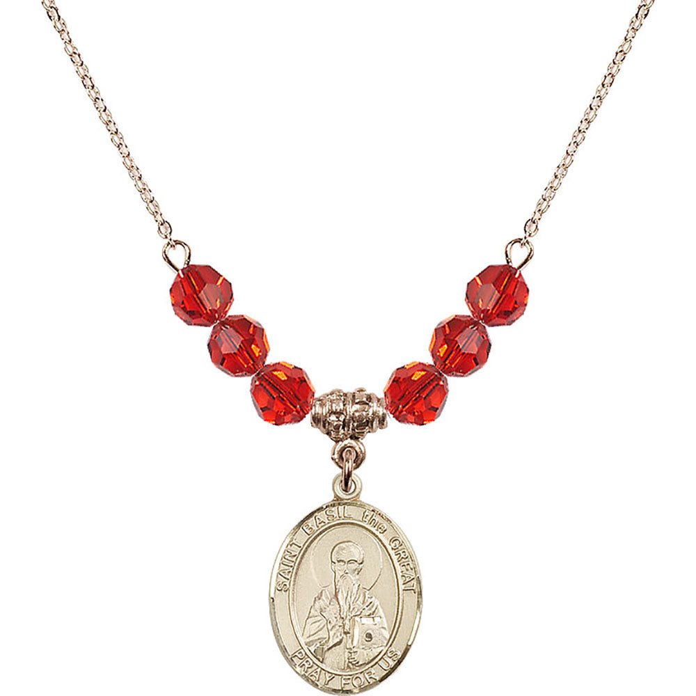 14kt Gold Filled Saint Basil the Great Birthstone Necklace with Ruby Beads - 8275