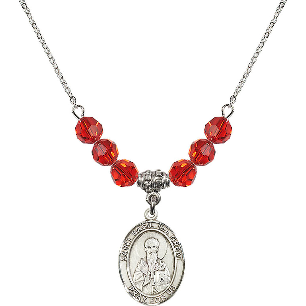 Sterling Silver Saint Basil the Great Birthstone Necklace with Ruby Beads - 8275